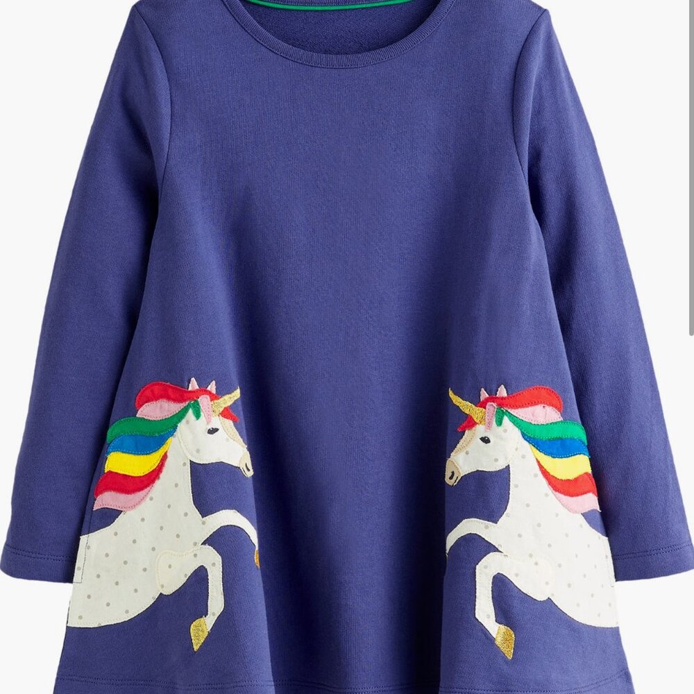 Mini Boden Applique Rainbow Unicorn Long Sleeve Cotton Dress | 9 - 10 YO